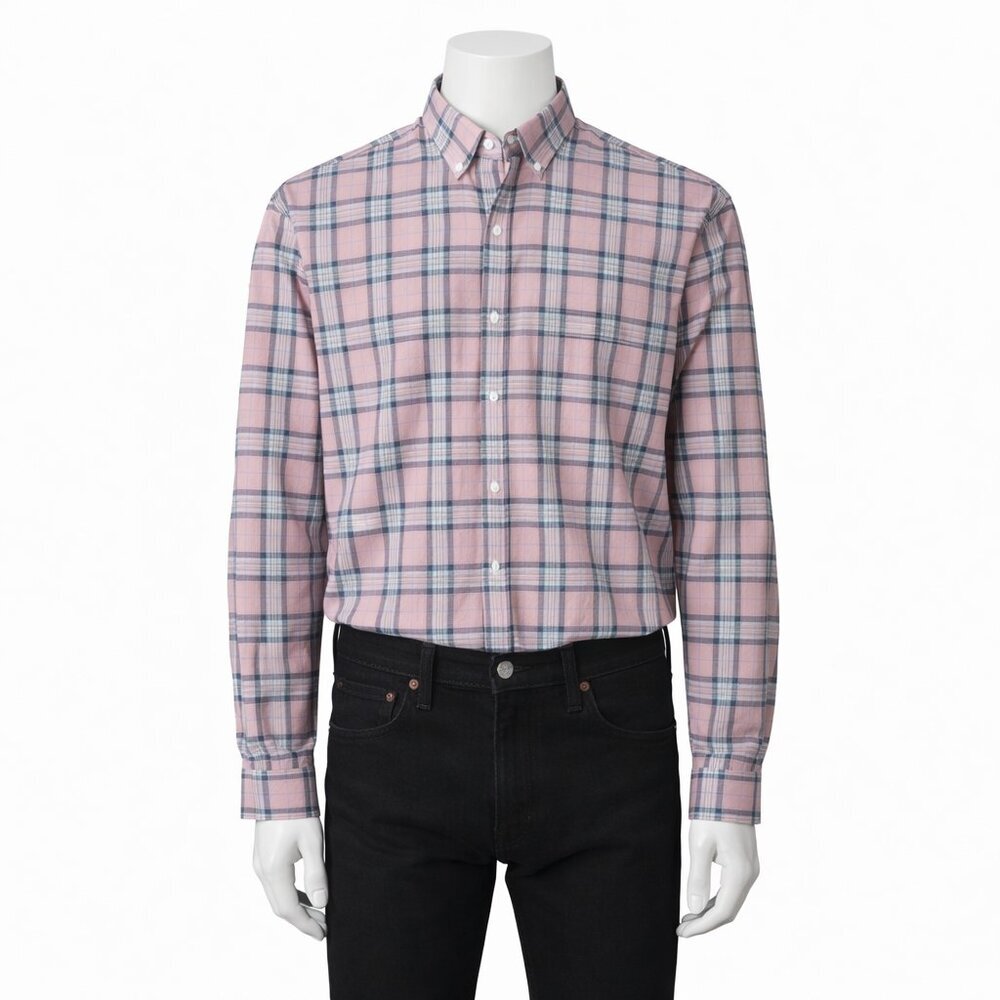 J.Crew Classic Plaid Button Down Shirt Mens XL Pink Gray 100% Cotton Long Sleev